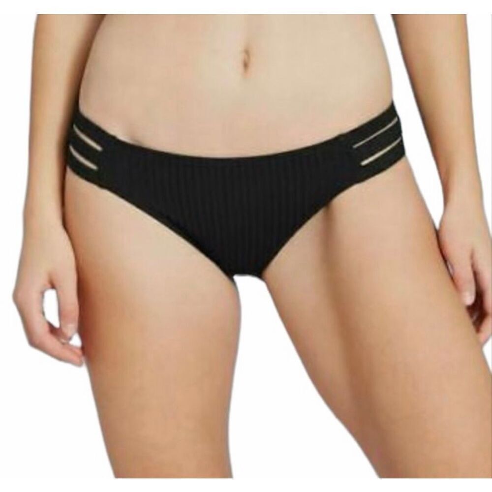 Shade & Shore Black Ribbed Strappy Side Cheeky Bikini Bottom Size Small